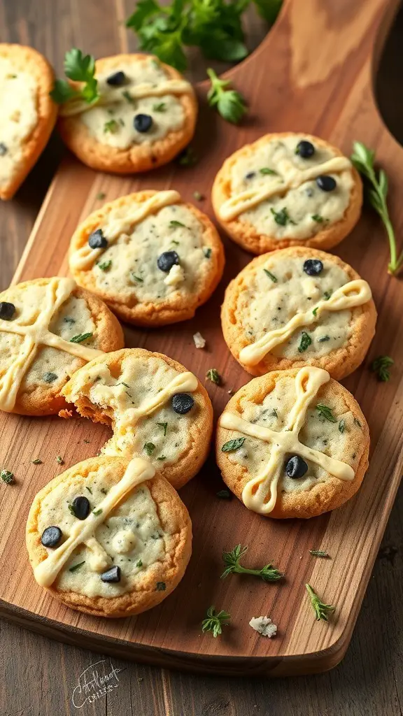 Savory cheese and herb cookies on a wooden board