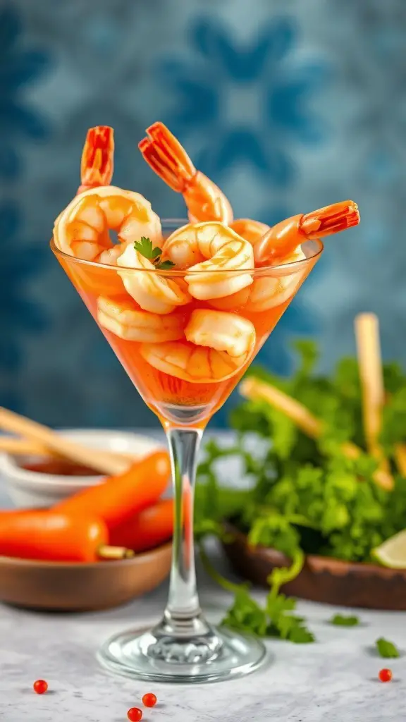 A glass of spicy shrimp cocktail with fresh shrimp and garnishes