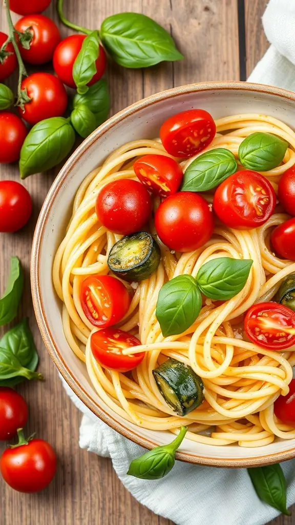 A bowl of zucchini noodles topped with cherry tomatoes and basil, surrounded by fresh tomatoes.