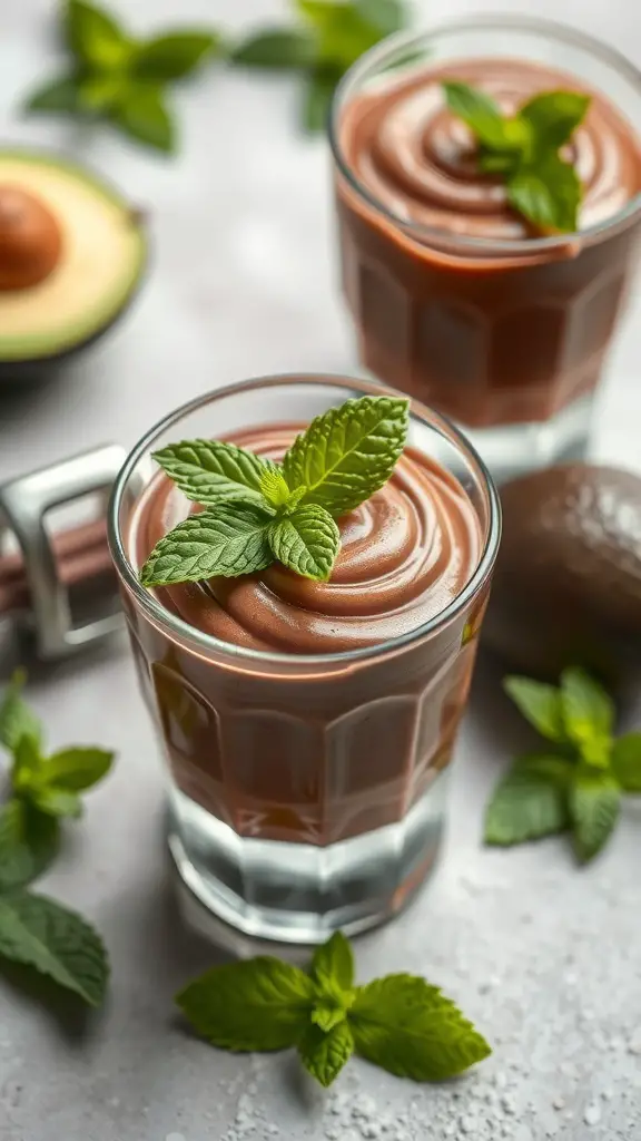 Chocolate avocado mousse in glasses topped with mint leaves, with an avocado in the background.