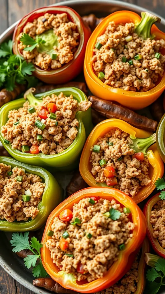 Stuffed bell peppers filled with ground turkey and topped with green onions