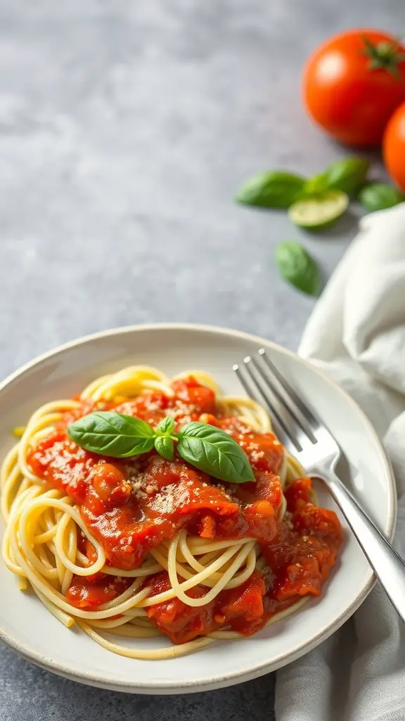 A plate of zucchini noodles topped with marinara sauce and fresh basil.