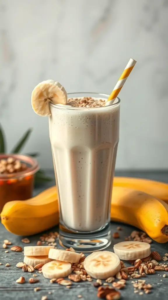 A delicious Nutty Banana Energy Shake with bananas, oats, and a straw.