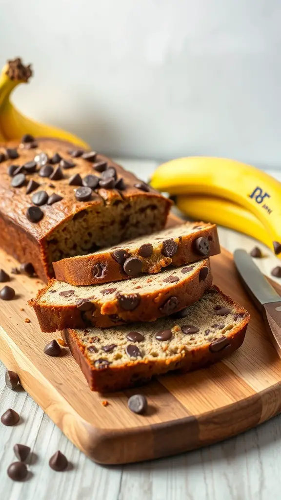 Sliced chocolate chip banana bread on a wooden cutting board with bananas in the background.