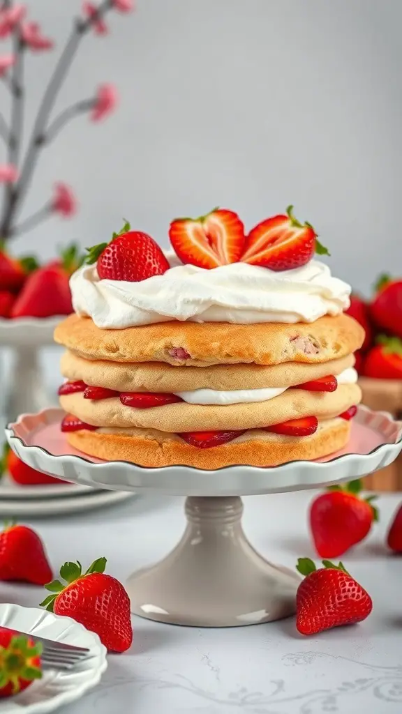 A beautiful strawberry shortcake topped with whipped cream and fresh strawberries, displayed on a cake stand.