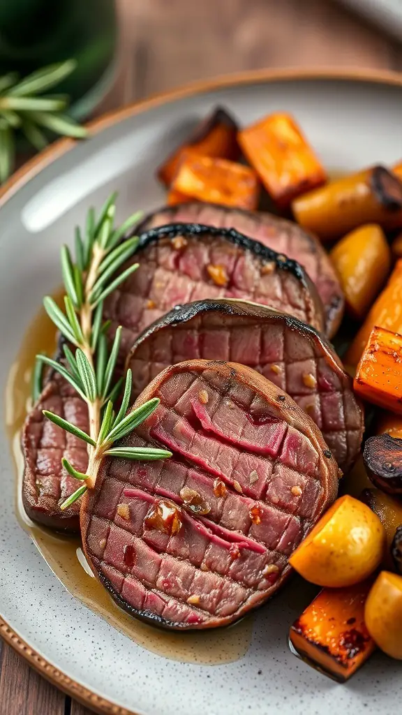 Pan-seared venison medallions served with roasted vegetables and garnished with rosemary.