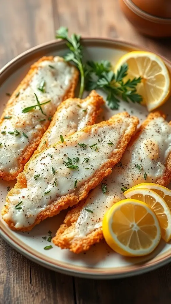 Plate of Lemon Pepper Fried Whiting fillets garnished with herbs and lemon slices