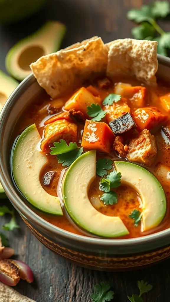 A bowl of Chicken Fajita Soup garnished with avocado slices and cilantro.