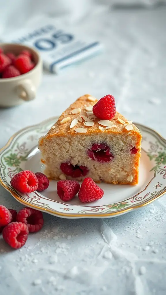 A slice of Raspberry Almond Flour Cake on a decorative plate, garnished with fresh raspberries and almond slices.