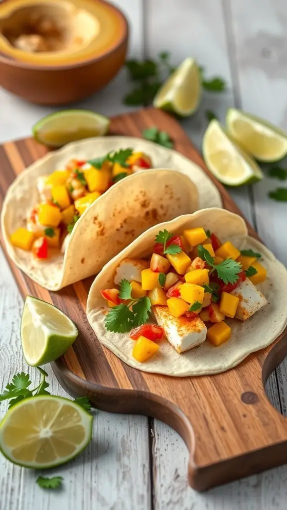 Spicy cod tacos topped with mango salsa on a wooden cutting board, with lime wedges and cilantro.