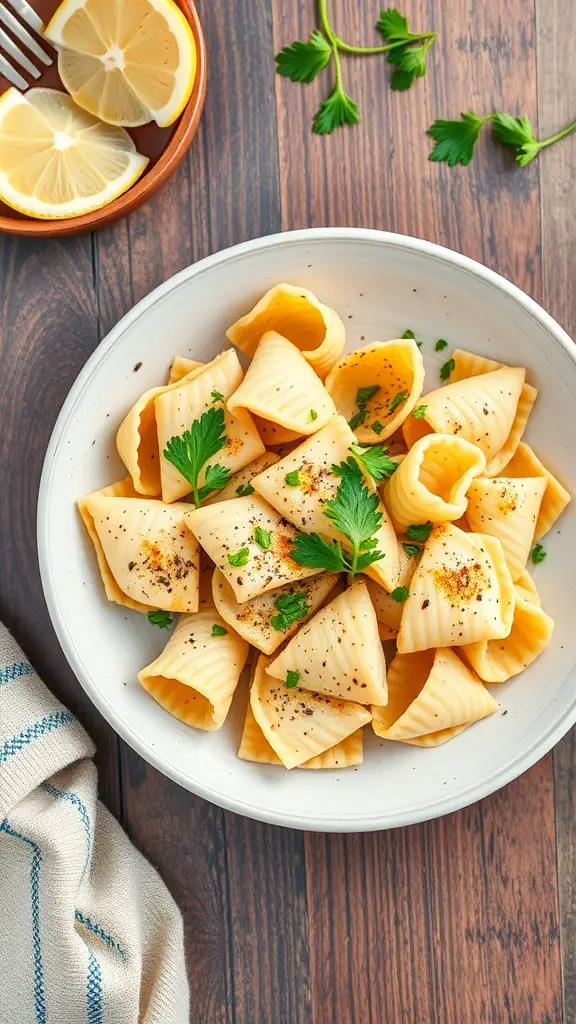 A bowl of garlic Parmesan chicken farfalle pasta garnished with parsley and served with lemon slices.