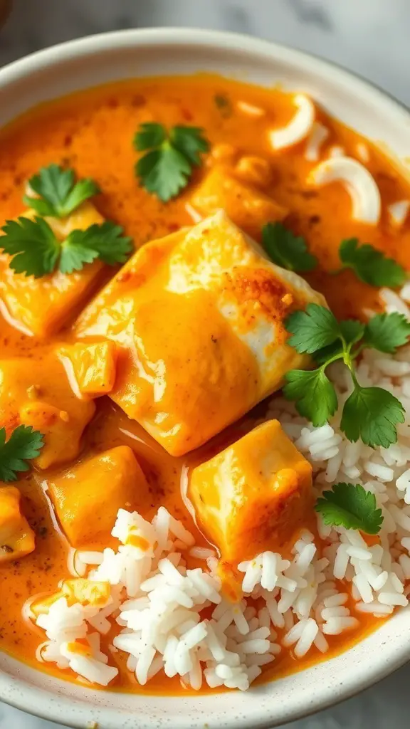 A bowl of catfish curry with coconut milk served over rice, garnished with cilantro.