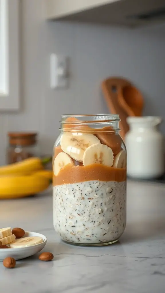 A jar of almond butter banana overnight oats with banana slices on top, surrounded by bananas and almonds.