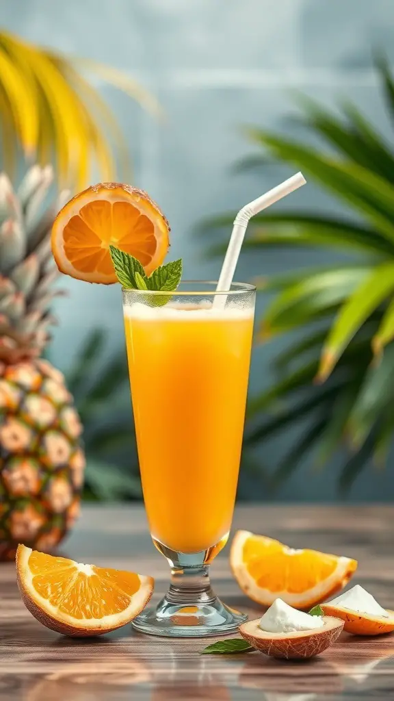 A refreshing tropical citrus energy drink in a glass, garnished with an orange slice and mint, surrounded by orange slices and a coconut.