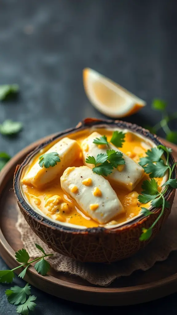 A bowl of Coconut Curry Mahi-Mahi with cilantro garnish and a slice of lemon.