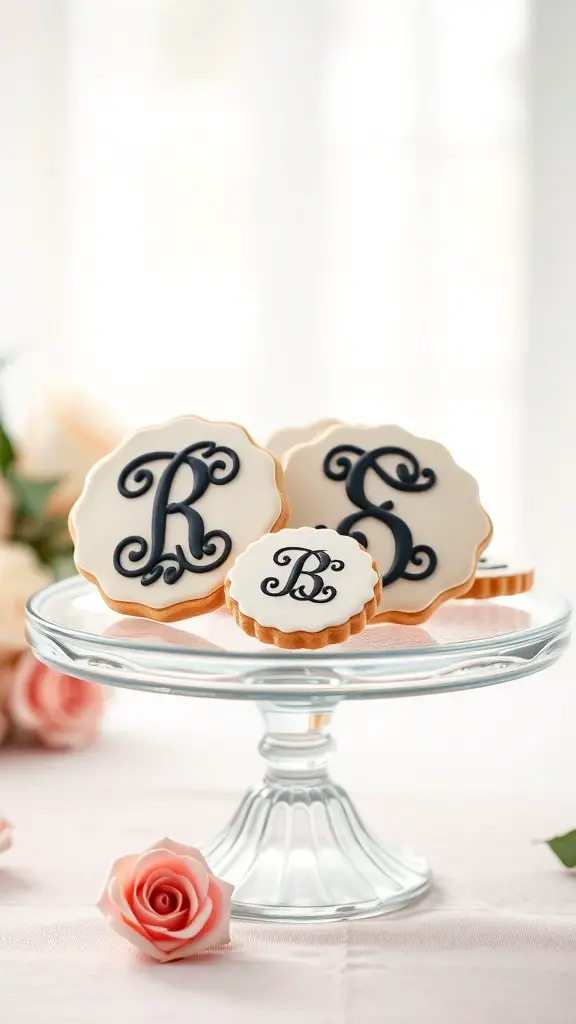 A display of monogrammed cookies on a glass cake stand, featuring elegant initials in black icing on white backgrounds, surrounded by pink roses.