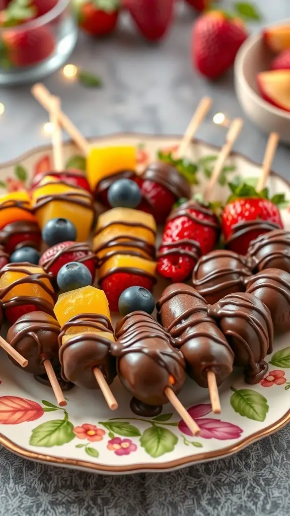 A plate of chocolate-dipped fruit skewers featuring strawberries, pineapple, and blueberries.