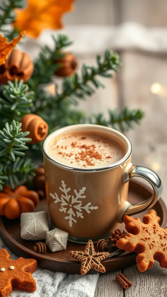 A cozy hot cocoa bar with a cup of cocoa, festive decorations, and cookies.