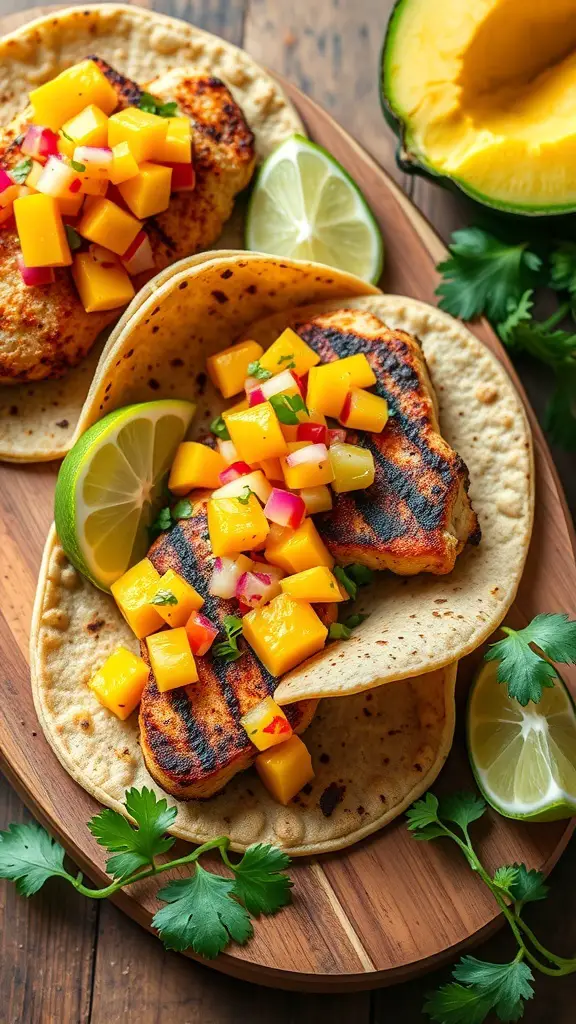 Grilled catfish tacos topped with mango salsa on a wooden platter with lime and cilantro