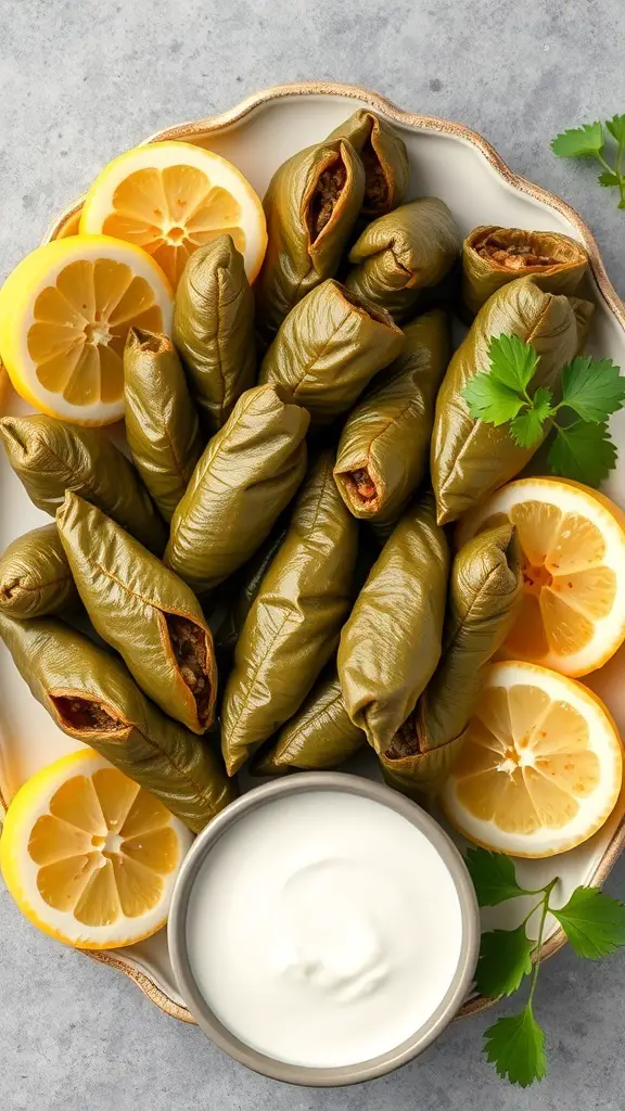 A plate of stuffed grape leaves (dolmas) with lemon slices and yogurt dip