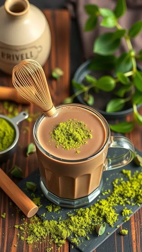 A cup of hot chocolate topped with matcha powder, surrounded by matcha and a whisk.