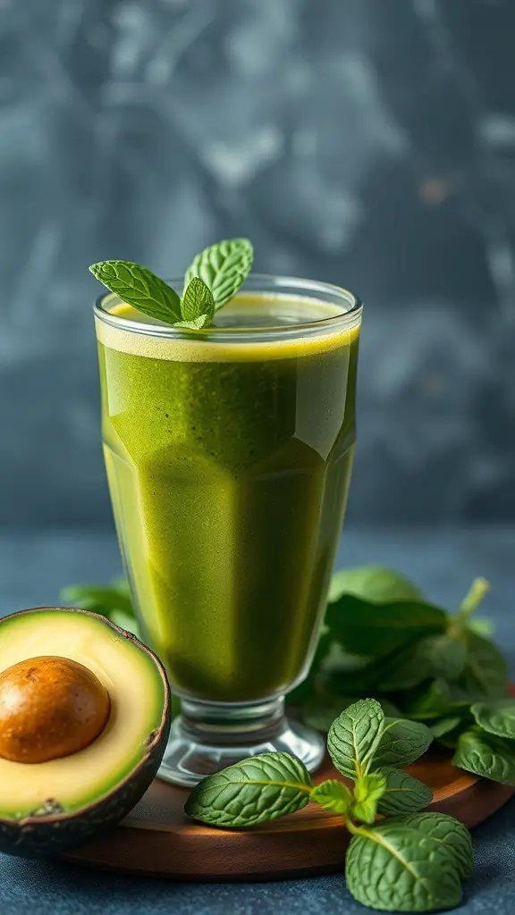 A glass of creamy avocado and spinach smoothie with fresh mint leaves and half an avocado beside it.