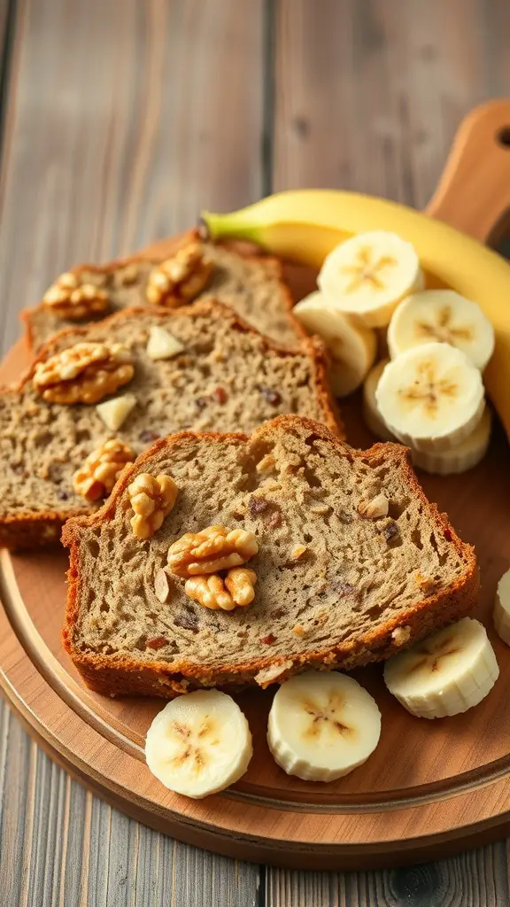 Sliced banana bread with walnuts on a wooden board, accompanied by fresh banana slices.