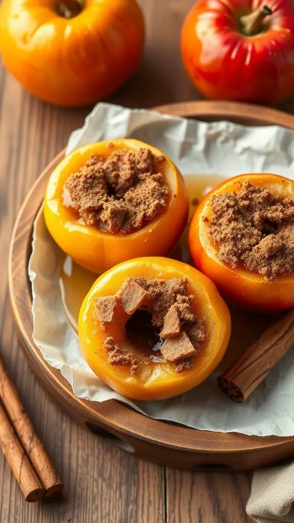 Baked apples topped with brown sugar and cinnamon on a wooden plate.