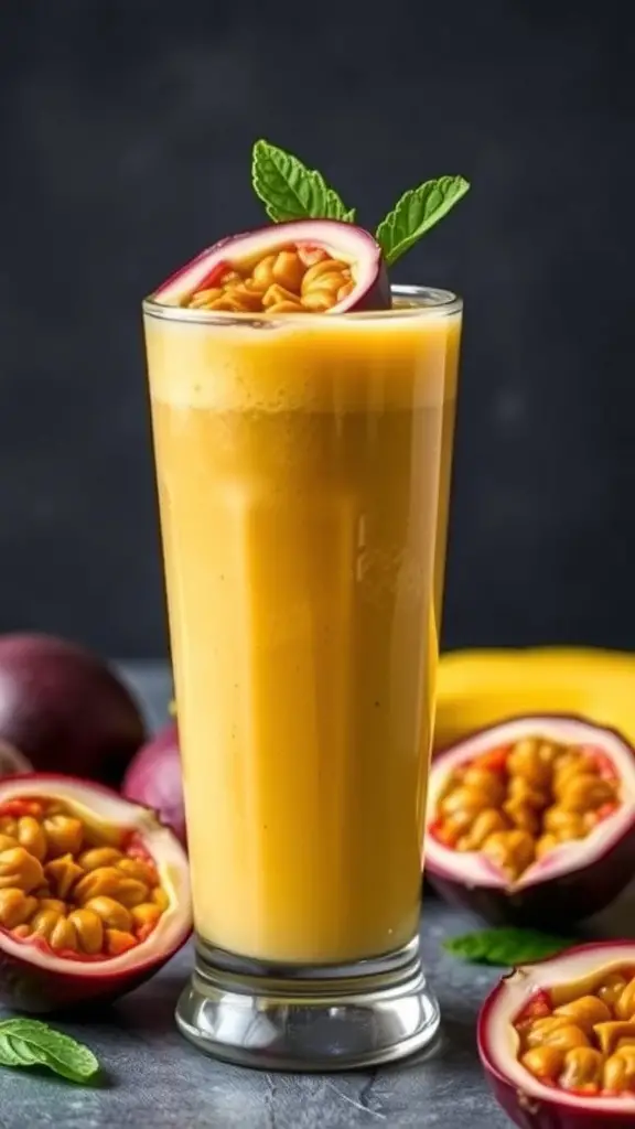 A tall glass of Passion Fruit Dream smoothie topped with passion fruit and mint, surrounded by fresh fruits.