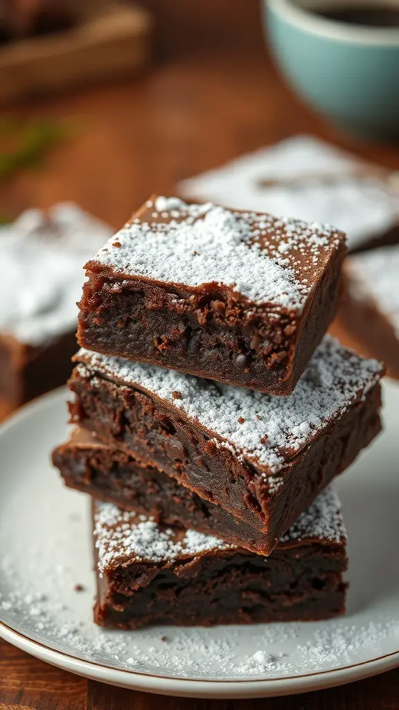 A stack of rich chocolate brownies dusted with powdered sugar on a plate.