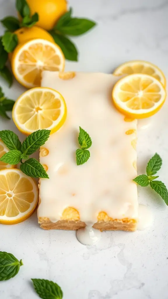 A delicious lemon bar topped with a zesty glaze, surrounded by fresh lemon slices and mint leaves.