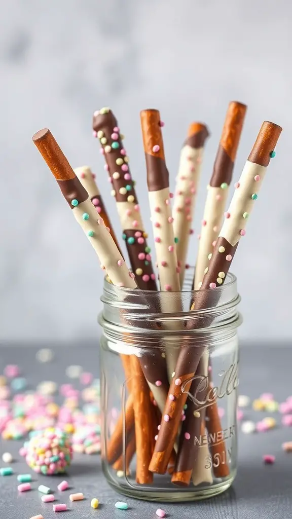 A jar filled with chocolate-dipped pretzel rods decorated with colorful sprinkles.