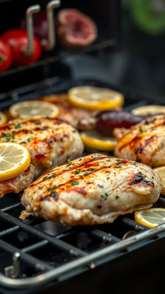 Grilled chicken breasts with lemon slices on a grill