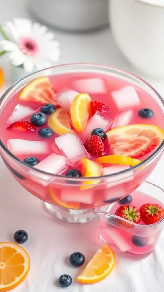 A vibrant pink baby shower punch with fruits like strawberries, blueberries, and lemon slices in a glass bowl.
