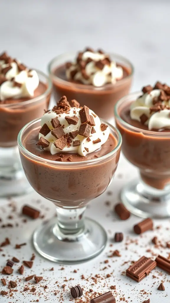 Mini glasses filled with chocolate mousse topped with whipped cream and chocolate shavings