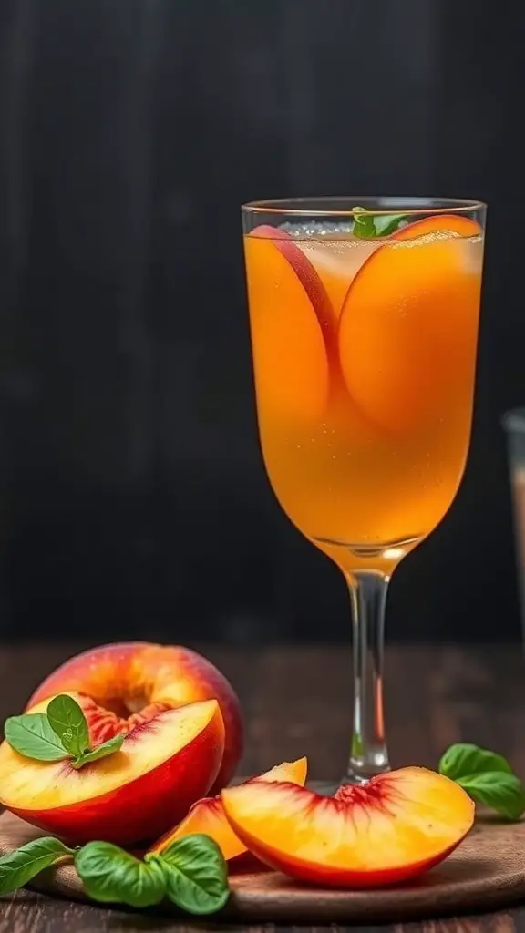 A refreshing Peach Basil Fusion drink in a glass, garnished with peach slices and basil leaves.