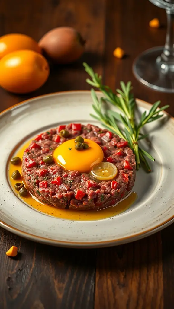 A plate of classic beef steak tartare topped with an egg yolk, surrounded by fresh herbs and colorful vegetables.