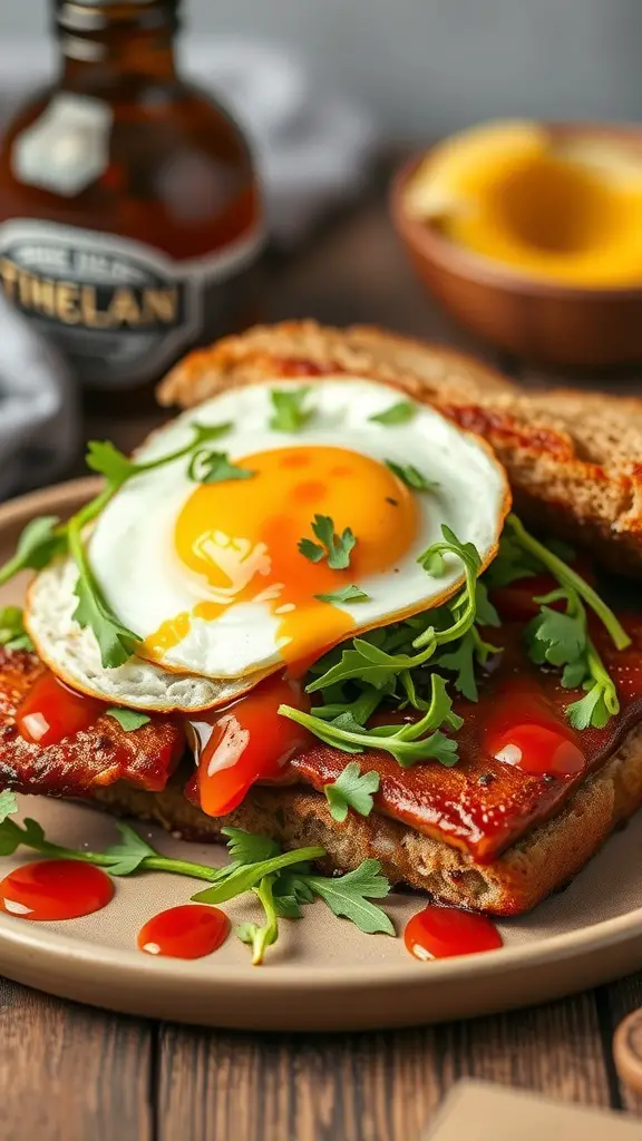 A delicious pork belly breakfast sandwich with a sunny-side-up egg, greens, and ketchup on a plate.