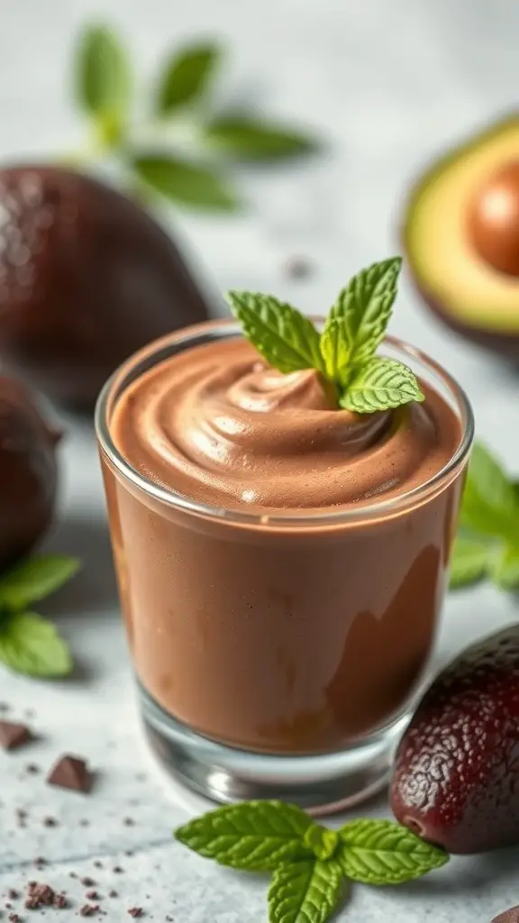 A glass of chocolate avocado mousse topped with a mint leaf, surrounded by avocados and mint leaves.