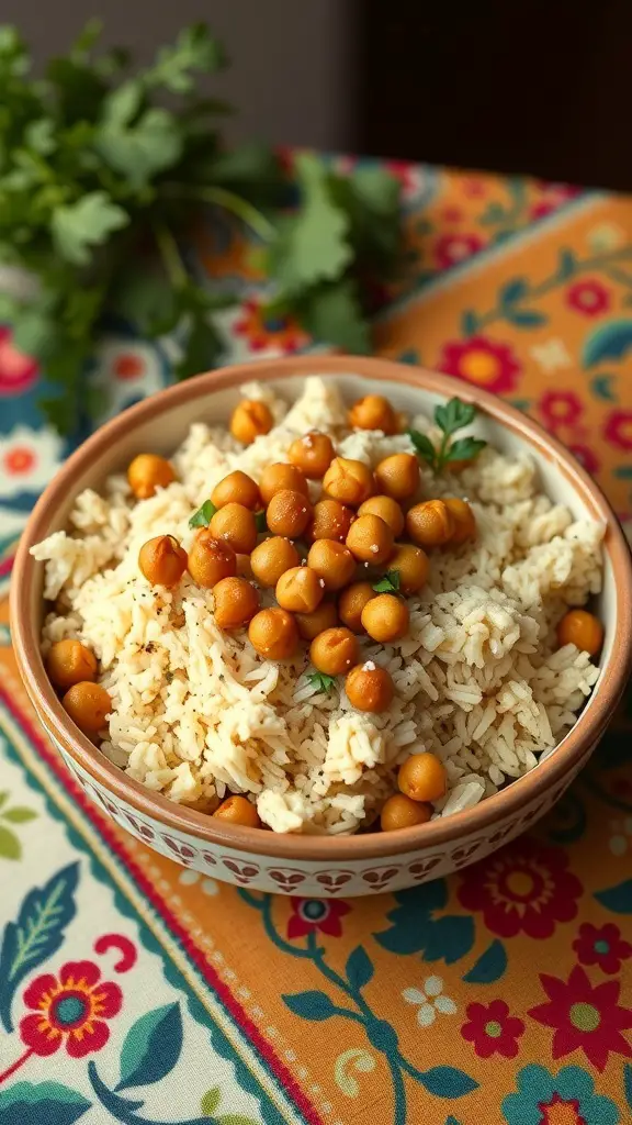 A bowl of spiced cauliflower rice topped with chickpeas, garnished with fresh herbs, on a colorful tablecloth.