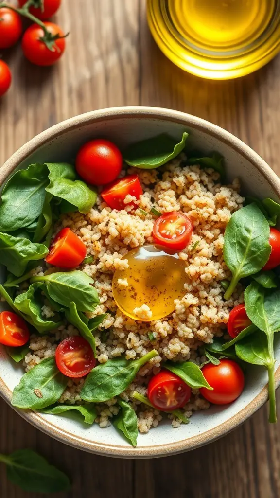 A bowl of quinoa mixed with spinach and cherry tomatoes, topped with an egg and olive oil.