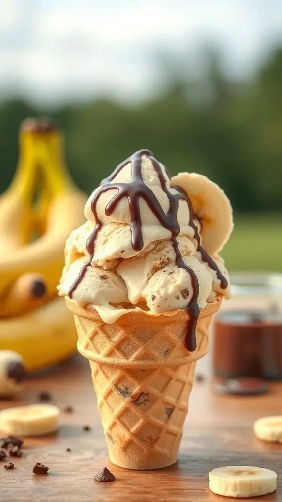 A delicious cone of peanut butter banana ice cream topped with chocolate sauce, with bananas in the background.