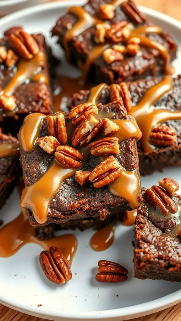 A plate of caramel pecan brownies topped with caramel sauce and pecans.