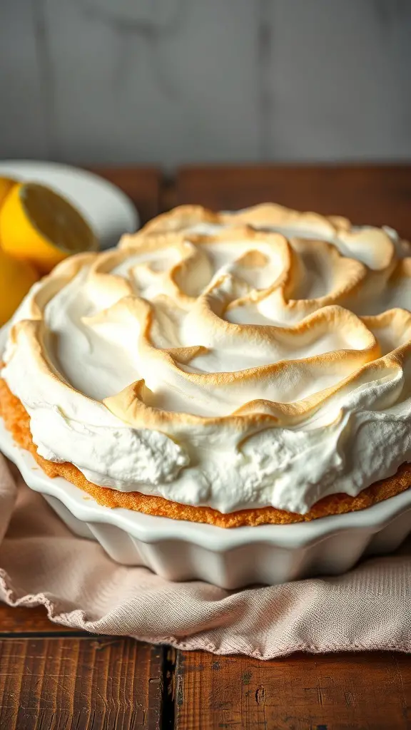 A classic lemon meringue pie with fluffy meringue topping on a wooden table