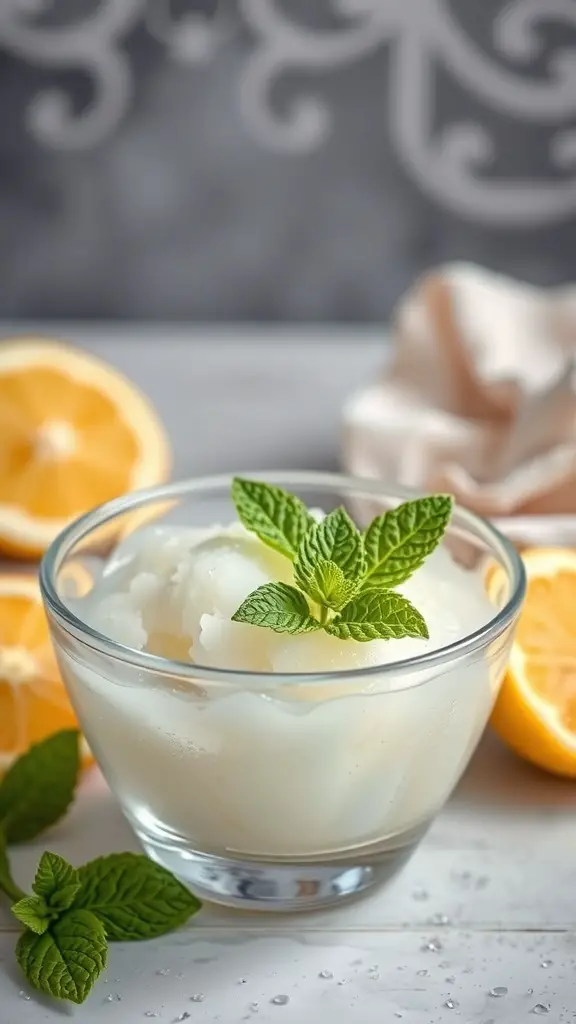 A bowl of lemon sorbet garnished with fresh mint leaves, surrounded by halved lemons.