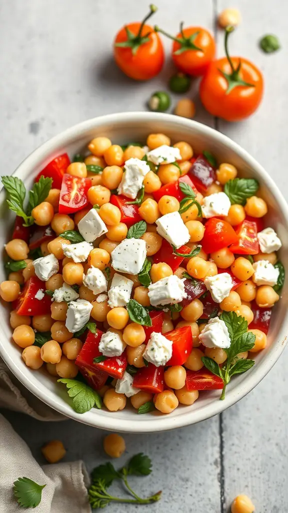 A bowl of Mediterranean Chickpea Salad with chickpeas, red peppers, feta cheese, and herbs.
