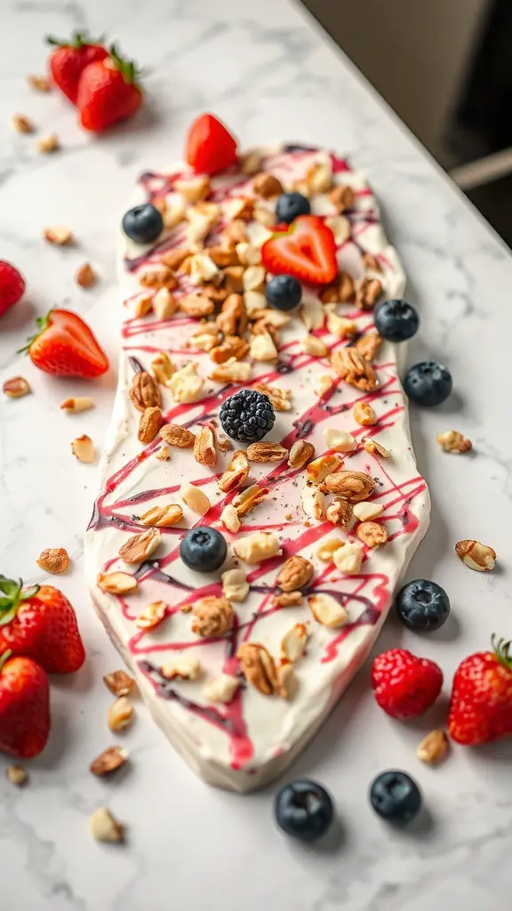 Frozen yogurt bark topped with nuts and berries on a marble surface