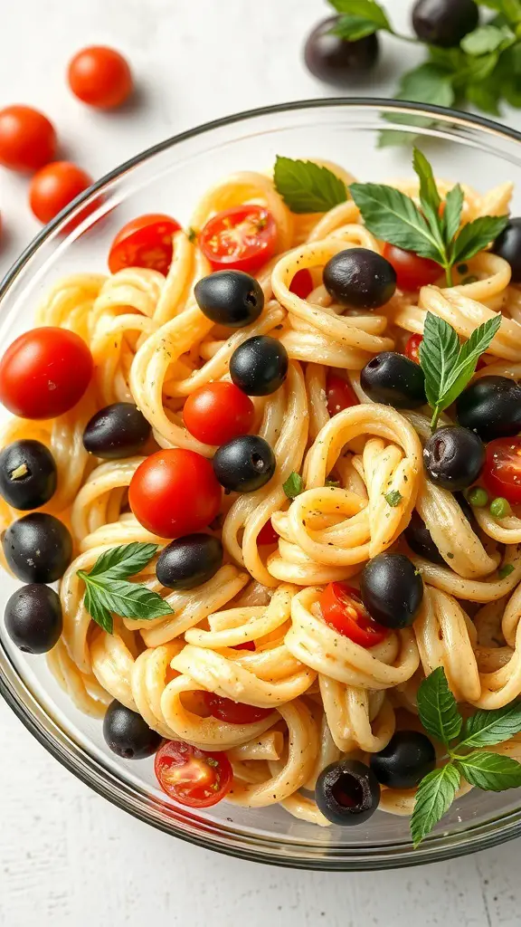 A bowl of Mediterranean pasta salad with olives, cherry tomatoes, and fresh herbs.