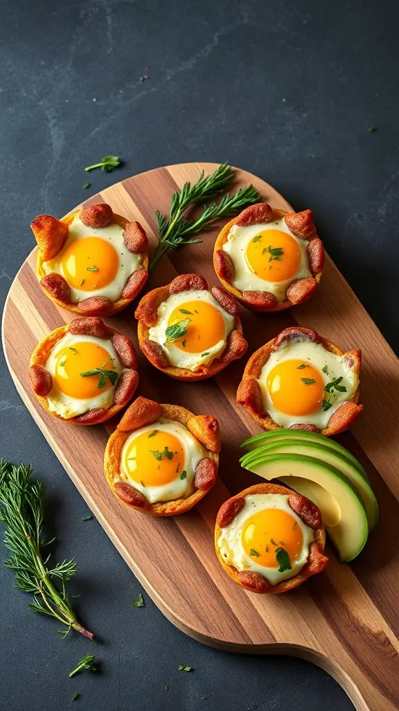 Egg and sausage breakfast cups on a wooden board with avocado slices