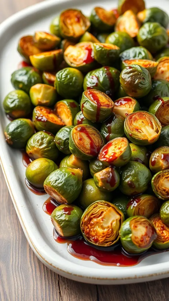 A plate of balsamic glazed Brussels sprouts, glistening with a sweet glaze.